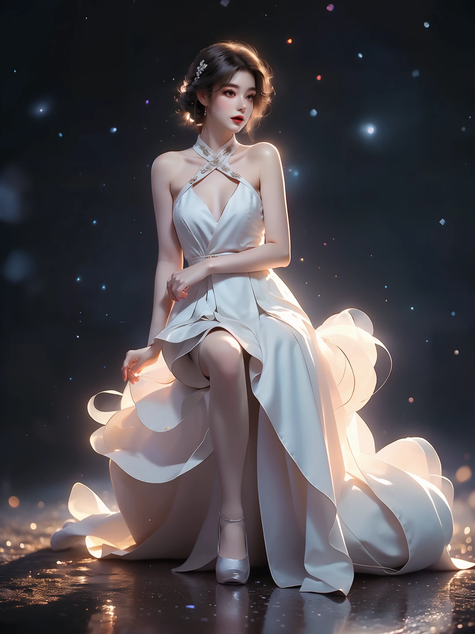  ((full body shot)), (elegant seated pose:1.3), slim figure, short pleated skirt, S-curve posture. soft lighting, (night sky:1.2), (galaxy background:1.2), stars and nebula, cinematic composition, shallow depth of field, 8k quality