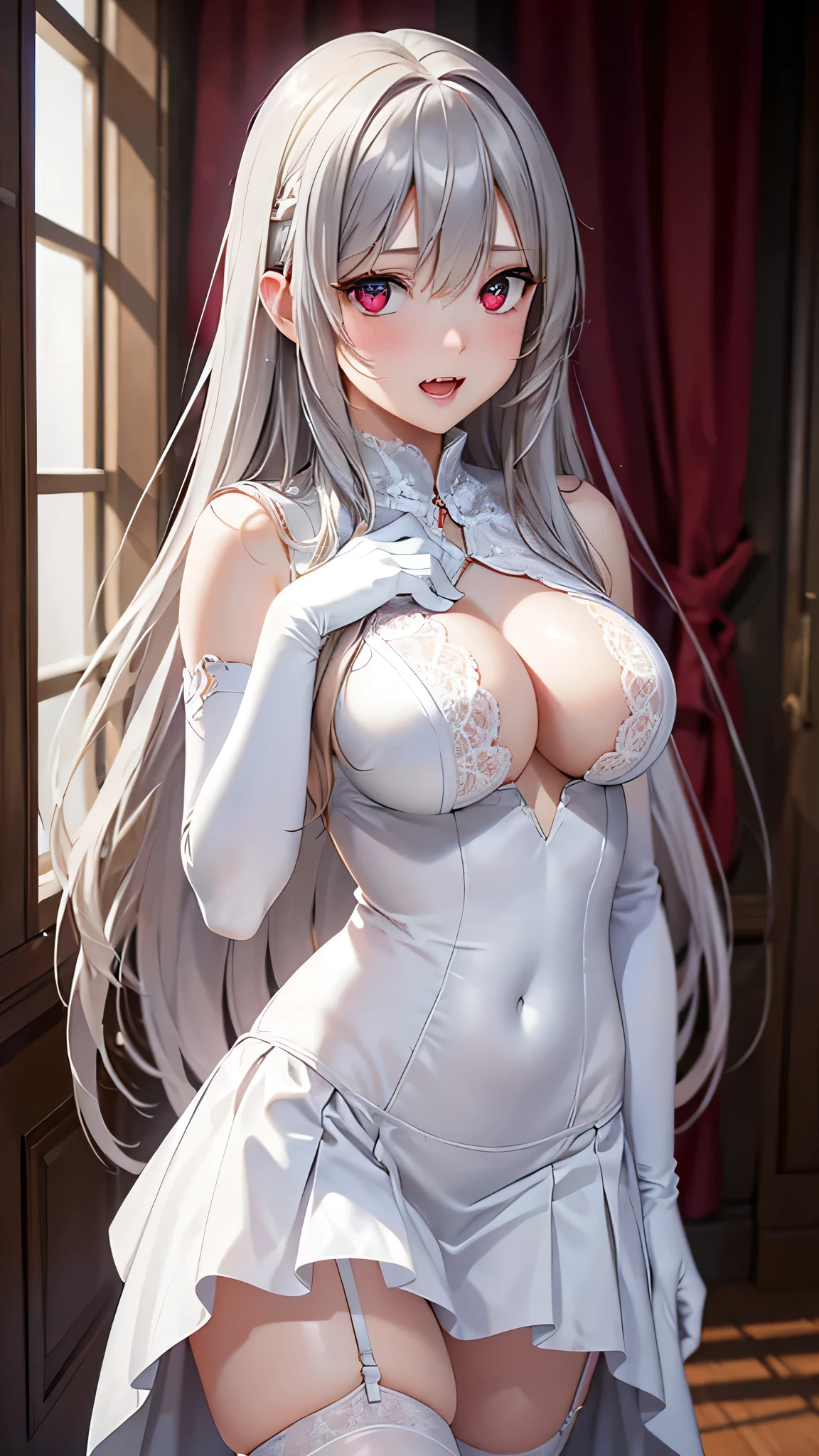  adult woman on the house, Alone,  sexy,8K resolution,((Best Quality)), ultra high resolution, ( shy face ), (Red eyes),  Beautiful Symmetrical Face , ( long silver hair ), white lace dress , white long skirt, garter belt,Realistic:1.4,Realistic:1.4,(masterpiece:1.2), perfect eyes,Perfect Eyes, anatomically correct human body,Perfect waist,Perfect thighs,(Open your mouth,Vampire Fangs),Indoors at night, white long gloves 