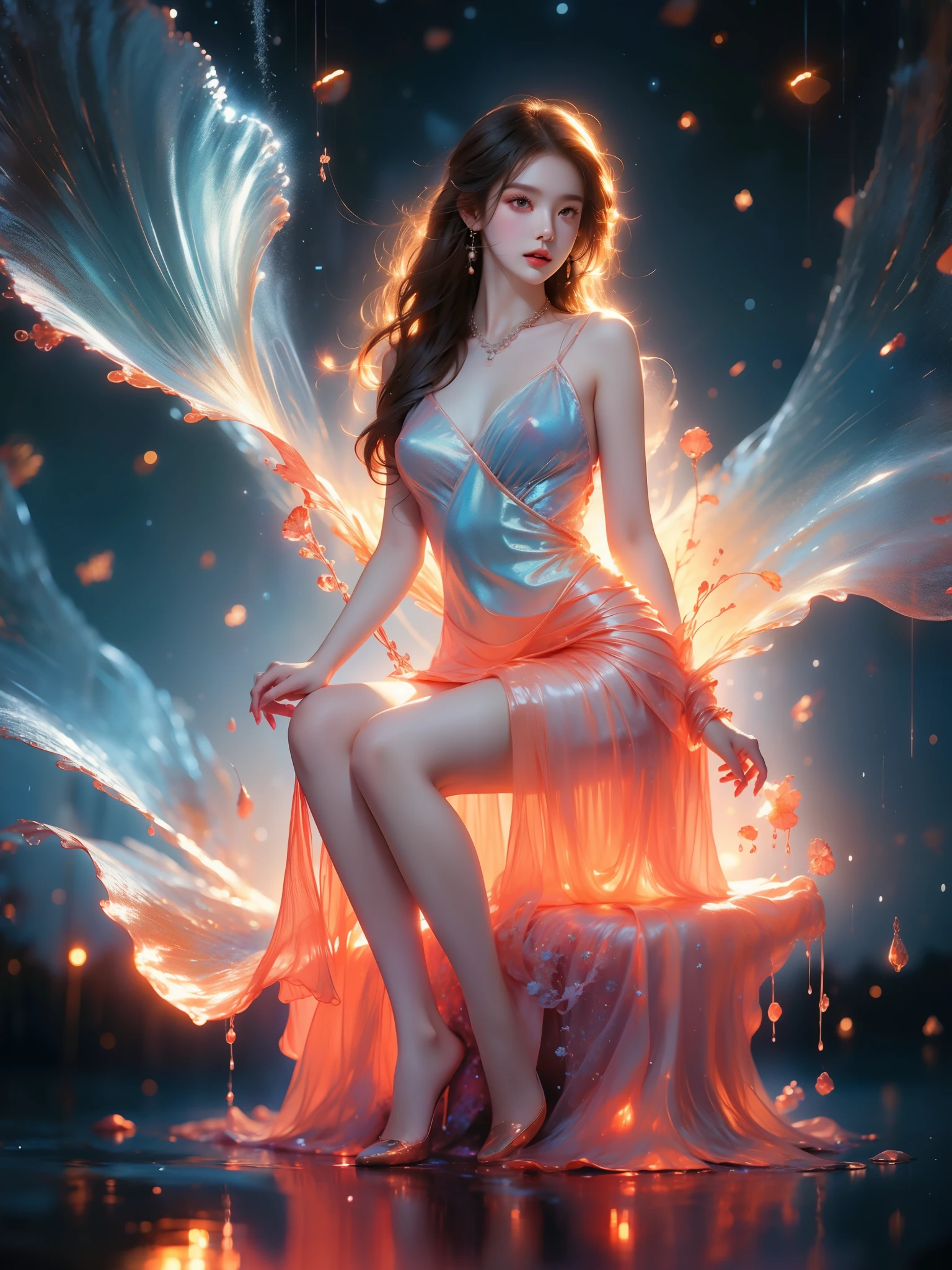 liquid clothes water ((full body shot)), (elegant seated pose:1.3), slim figure, short pleated skirt, S-curve posture. soft lighting, (night sky:1.2), (galaxy background:1.2), stars and nebula, cinematic composition, shallow depth of field, 8k quality