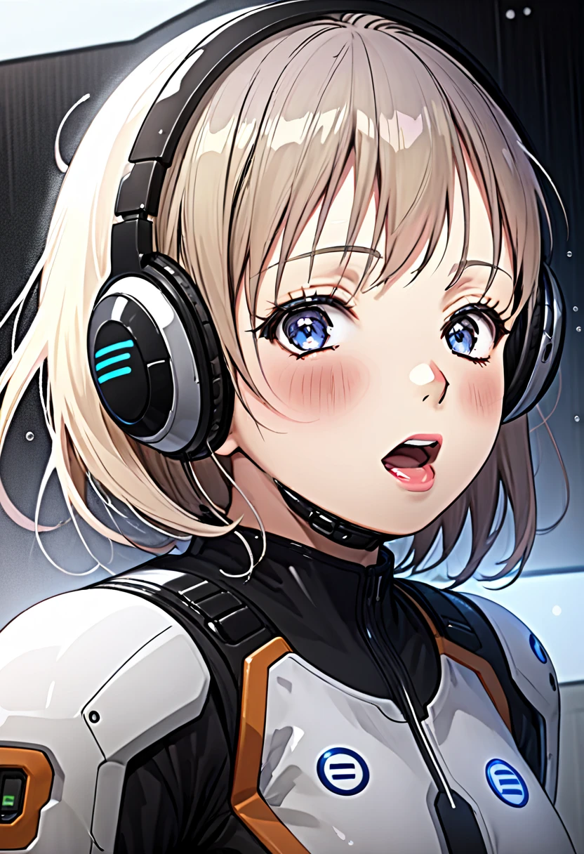 weating from the pleasure, ((((expression just before climax))))((eyes open)), (can't control the pleasure), sweaty, (whole body is drenched in sweat), An uncontrollable expression, (Opening mouth wide), (screaming), (very detailedな目と顔),blue eyes, small breasts,　 soaked,  clothes,Mech Suit, black inner,SF