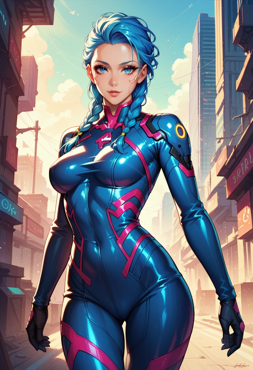 Blue braided hair, Cyberpunk, Covered body, fully clothed, Futuristic female soldier, score_9, score_8_up, score_7_up, score_6_up, masterpiece, high quality, perfect face, beautiful face, solo, 1girl, medium breasts, zoom in, intricate detail, delicate pattern,