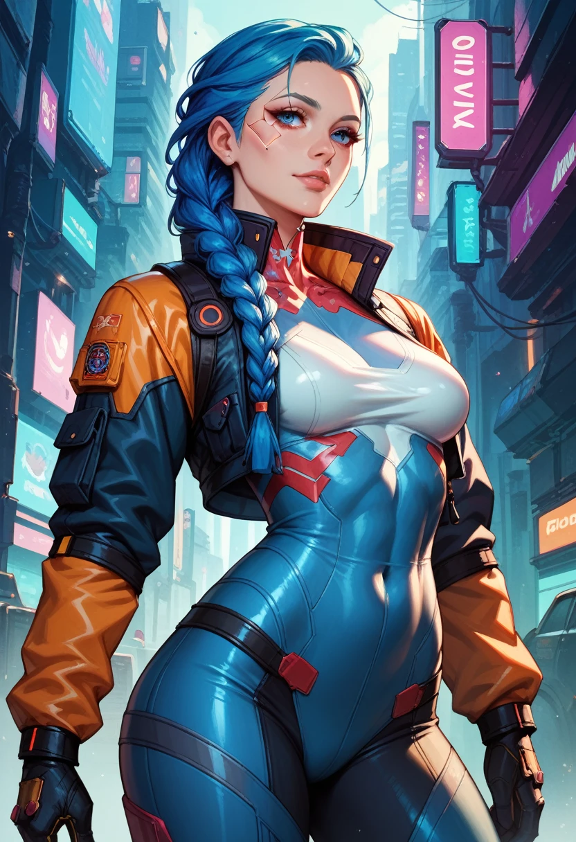 Blue braided hair, Cyberpunk, Covered body, fully clothed, Futuristic female soldier, score_9, score_8_up, score_7_up, score_6_up, masterpiece, high quality, perfect face, beautiful face, solo, 1girl, medium breasts, zoom in, intricate detail, delicate pattern,