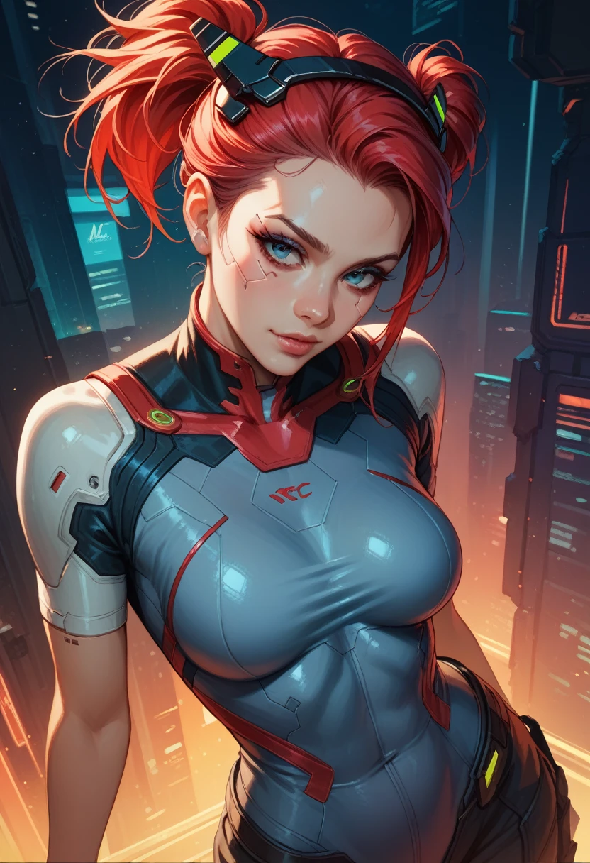 Red pigtail hair, Cyberpunk, Covered body, fully clothed, Futuristic female soldier, score_9, score_8_up, score_7_up, score_6_up, masterpiece, high quality, perfect face, beautiful face, solo, 1girl, medium breasts, zoom in, intricate detail, delicate pattern,