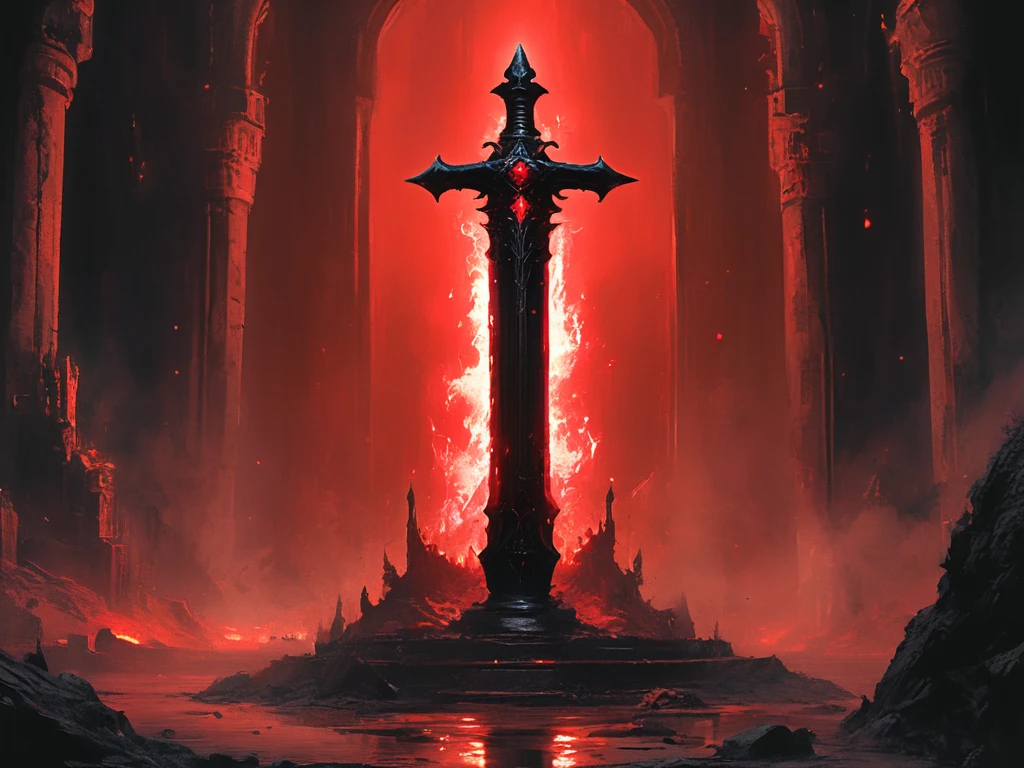 A cursed sword known as **Hell Omen** stands ominously in the desolate, mist-laden landscape. Forged from frozen blood and bound soul energy, its blade is dark as obsidian, gleaming like polished glass. Crimson veins pulse faintly along the black steel, as if alive, carrying the essence of ancient suffering from its hilt to its tip. Ancient Zarathian runes are carved into the hilt, each one emanating a faint red glow, casting eerie reflections onto the ground. At the base of the blade sits a blood-red crystal, dark and mesmerizing, rumored to hold fragments of lost souls, radiating a faint, malevolent power. 

The surrounding air crackles with an unseen force, as if the sword itself resists the stillness around it, waiting for a worthy soul to test its dark power. The scene captures an atmosphere of haunting beauty and raw menace, rooted in a medieval fantasy world filled with forgotten magic and arcane curses, evoking the dark, vivid style reminiscent of Frank Frazetta.