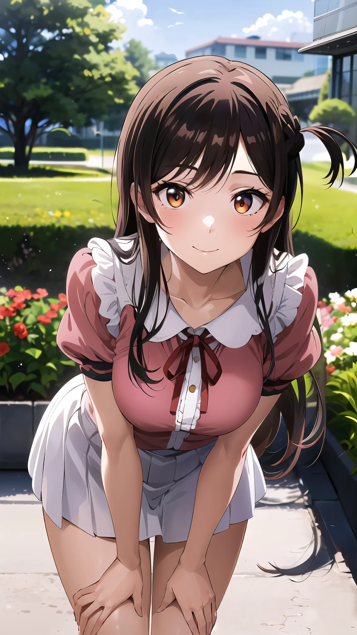 ((Anime, Anime Screen Caps , black outline , sharp concentration,Strong Shadows)),(masterpiece),(Best Quality),( very detailed),( high definition),8k,Detailed skin、 perfect face、 PERFECT BODY 、 wallpaper, head、( attractive random daytime poses with crooked thighs)、smile、 stylish 、(aachizuru, Long Hair, One side up , neck ribbon, pink shirt, Short sleeve, White Skirt, Destroy 、garden、Leaning forward)、 Blurred Background、(shiny skin, Glowing Skin , Oily Skin Glossy Skin )