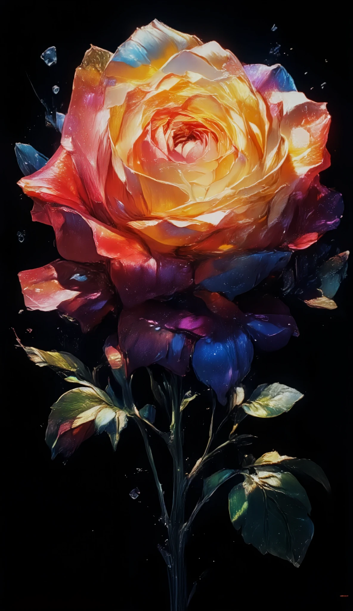 Rose, pistil, each petal a different color, transparent to iridescent spiral gradient, velvet black background, nectar blown by the wind, fresh and clear graphic photography art