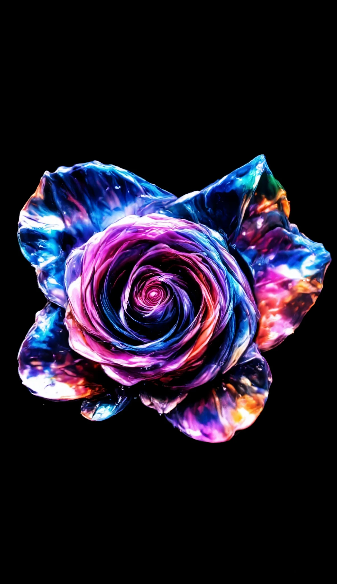 Rose, pistil, each petal a different color, transparent to iridescent spiral gradient, velvet black background, nectar blown by the wind, fresh and clear graphic photography art