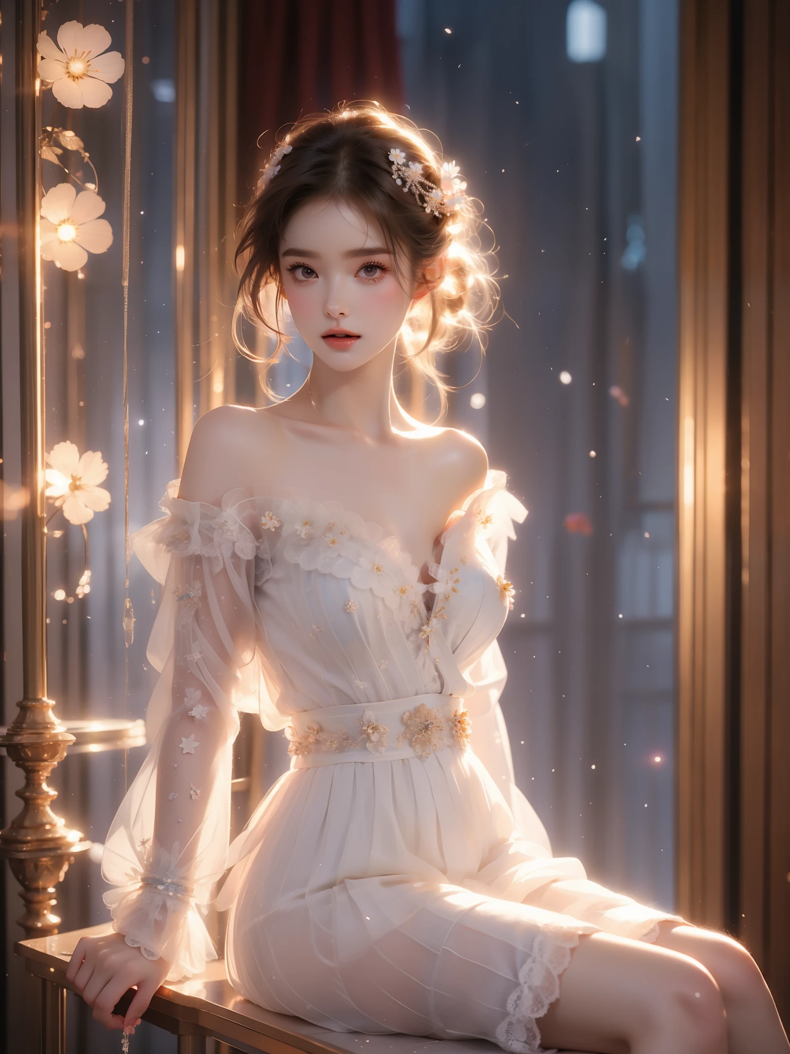 dress, bouffont dress, transparent long sleeves, daisies, cherry, ((full body shot)), (elegant seated pose:1.3), (graceful S-curve posture:1.2), (crossed legs:1.2), (slim toned legs:1.2), slim athletic figure, short pleated skirt, (perfect posture with straight back:1.2), (Large breasts), sitting on elegant chair, (relaxed shoulders:1.1), (ankles gracefully crossed:1.1),soft diffused lighting, (night sky:1.2), (galaxy background:1.2), stars and nebula, dreamy atmosphere, cinematic composition, (shallow depth of field:1.1), professional photography, 8k uhd, sharp focus, detailed texture
