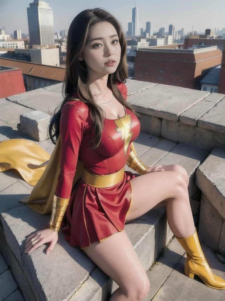 masterpiece, best quality,  mary marvel, white cape, red dress, red skirt, long sleeves, bracer, large breasts, looking at viewer, cityscape, rooftop, cleavage、 (between breasts), yellow boots, sitting