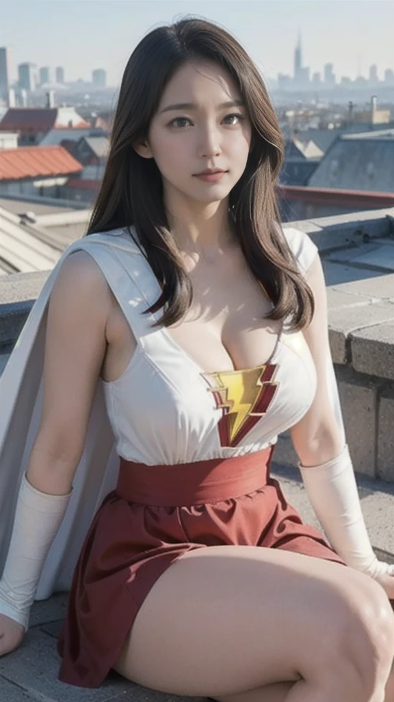 masterpiece, best quality,  mary marvel, white cape, red dress, red skirt, long sleeves, bracer, large breasts, looking at viewer, cityscape, rooftop, cleavage、 (between breasts), yellow boots, sitting