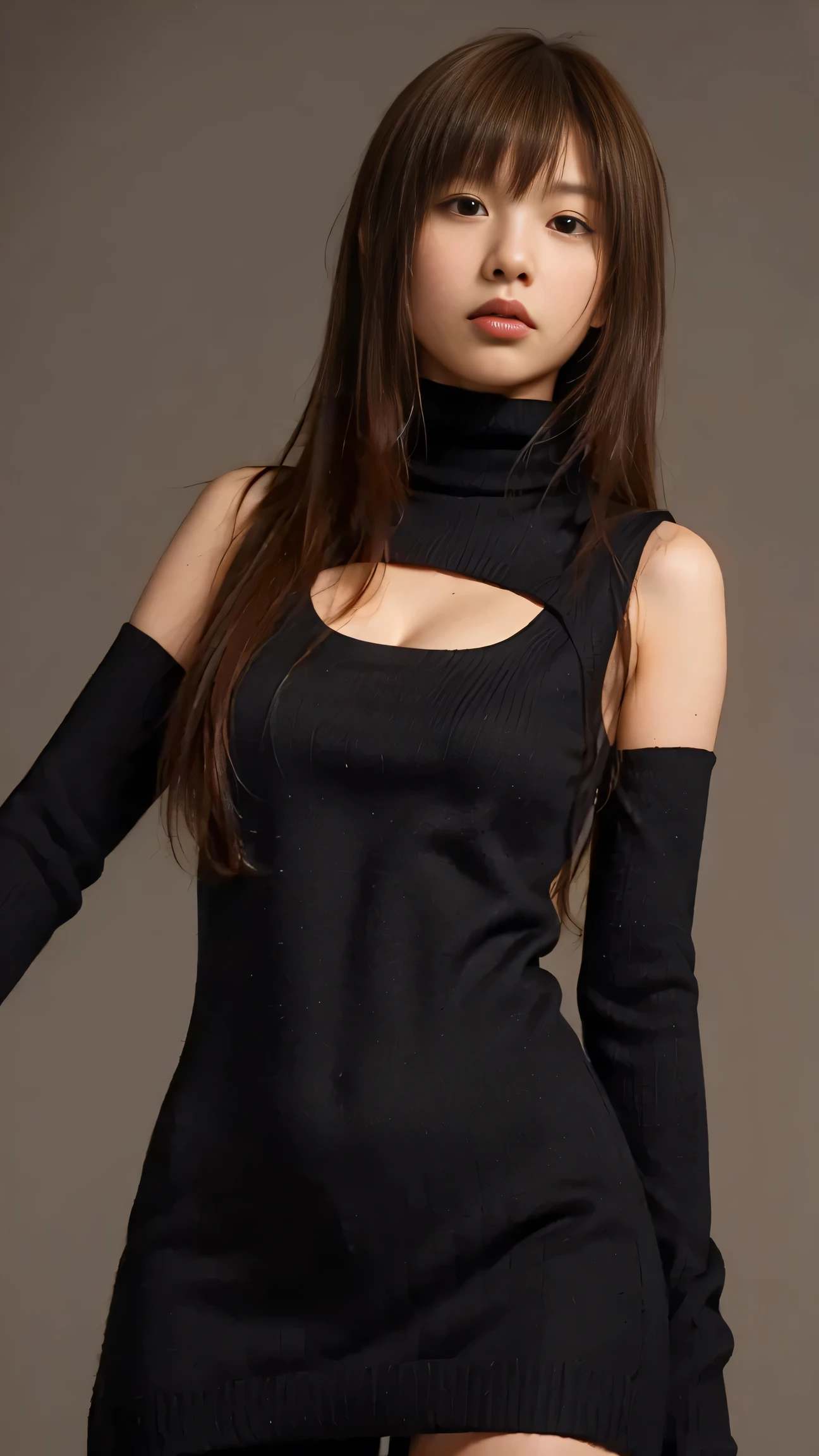 8K,One Girl, Alone, Textured skin, Very detailed, Best Quality, (black sleeveless sweater dress:1.2), ribbed sweater,sideboob,(cleavage cutout), turtleneck sweater,(black sweater:1.3),Large Breasts,(Glowing Skin:1.4), vision, Long Hair, Straight Hair,bangs,Textured skin, (simple dark background),(cowboy shot),((from below:1.3))