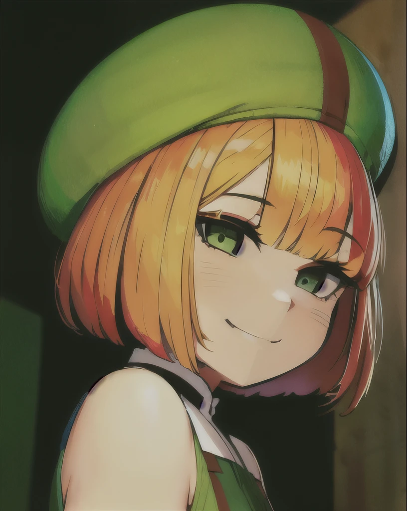 an illustration in the art-style of   art by JellyTits, 1girl, ginger_hair, short_hair, square bob hair, green_eyes, intricate eyes, detailed eyes, eye_focus,  smile, standing, which hat