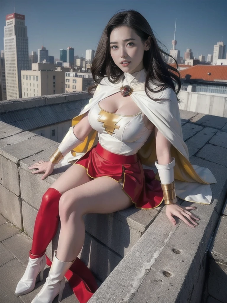 masterpiece, best quality,  mary marvel, white cape, red dress, red skirt, long sleeves, bracer, large breasts, looking at viewer, cityscape, rooftop, cleavage、 (between breasts), yellow boots, sitting