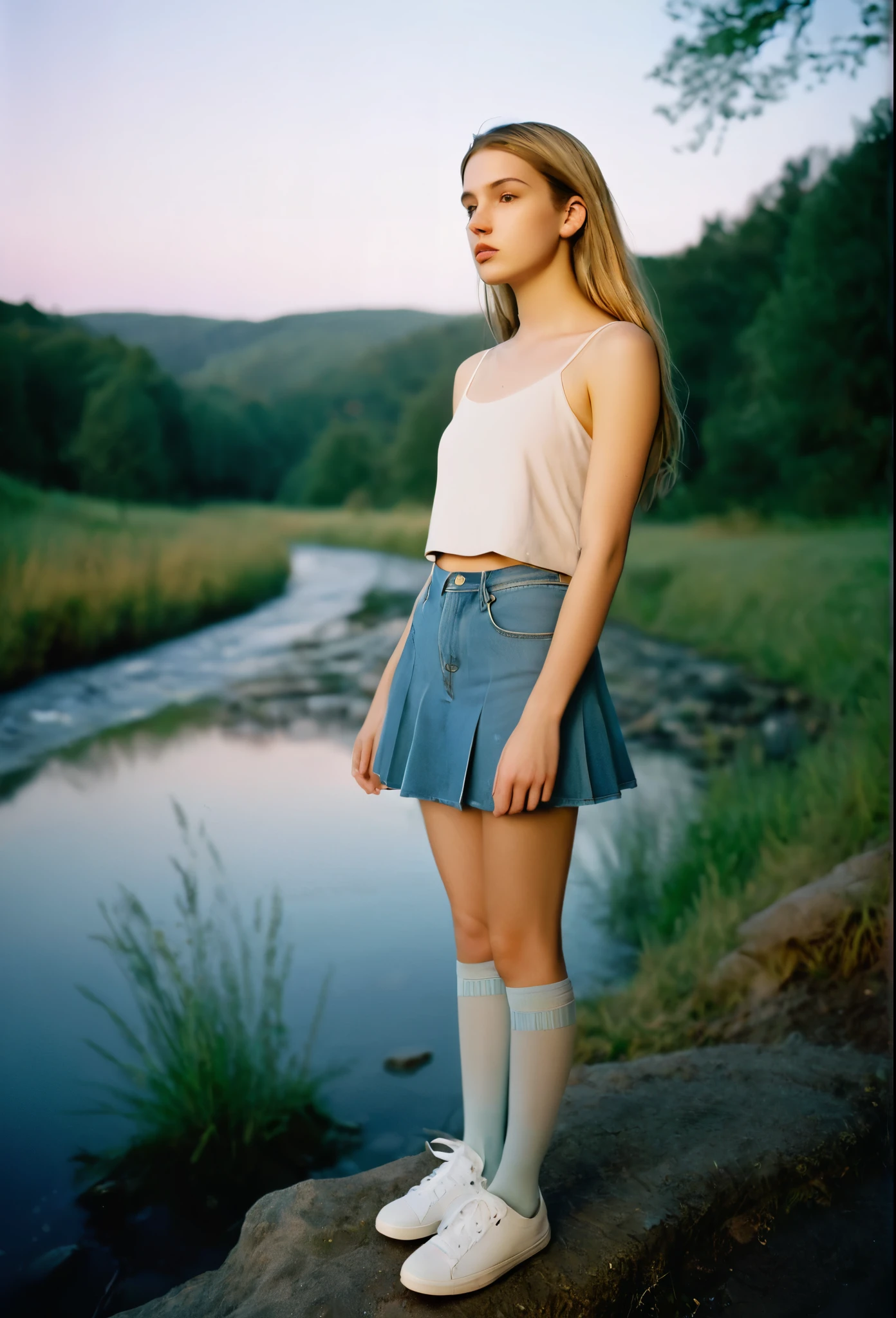 : cinematic photo. Cassie Wheeler, a Plain, modest-looking Caucasian girl with an oval face, short stubby nose, high cheekbones, and hazel eyes. She has long, dirty blonde Straight Hair, S-shaped eyebrows, thin lips, and a soft expression. Tall and slim with broad shoulders, narrow waist, and smooth, soft pale, alabaster skin. Wearing a camisole, miniskirt, knee high socks, sneakers . in quiet contemplation at dusk, gazing over a tranquil landscape with soft, pastel skies and gentle natural elements like flowing water and swaying trees. The atmosphere is dreamy, warm, and ethereal, evoking serenity and self-discovery. a melancholy photography, lomography, natural lighting,Ultra-Wide Angle, Fujifilm, Negative Space, album cover, title ar top vanishing songs, tank, skinny jeans, sneakers, arms resting on head, arms raised
