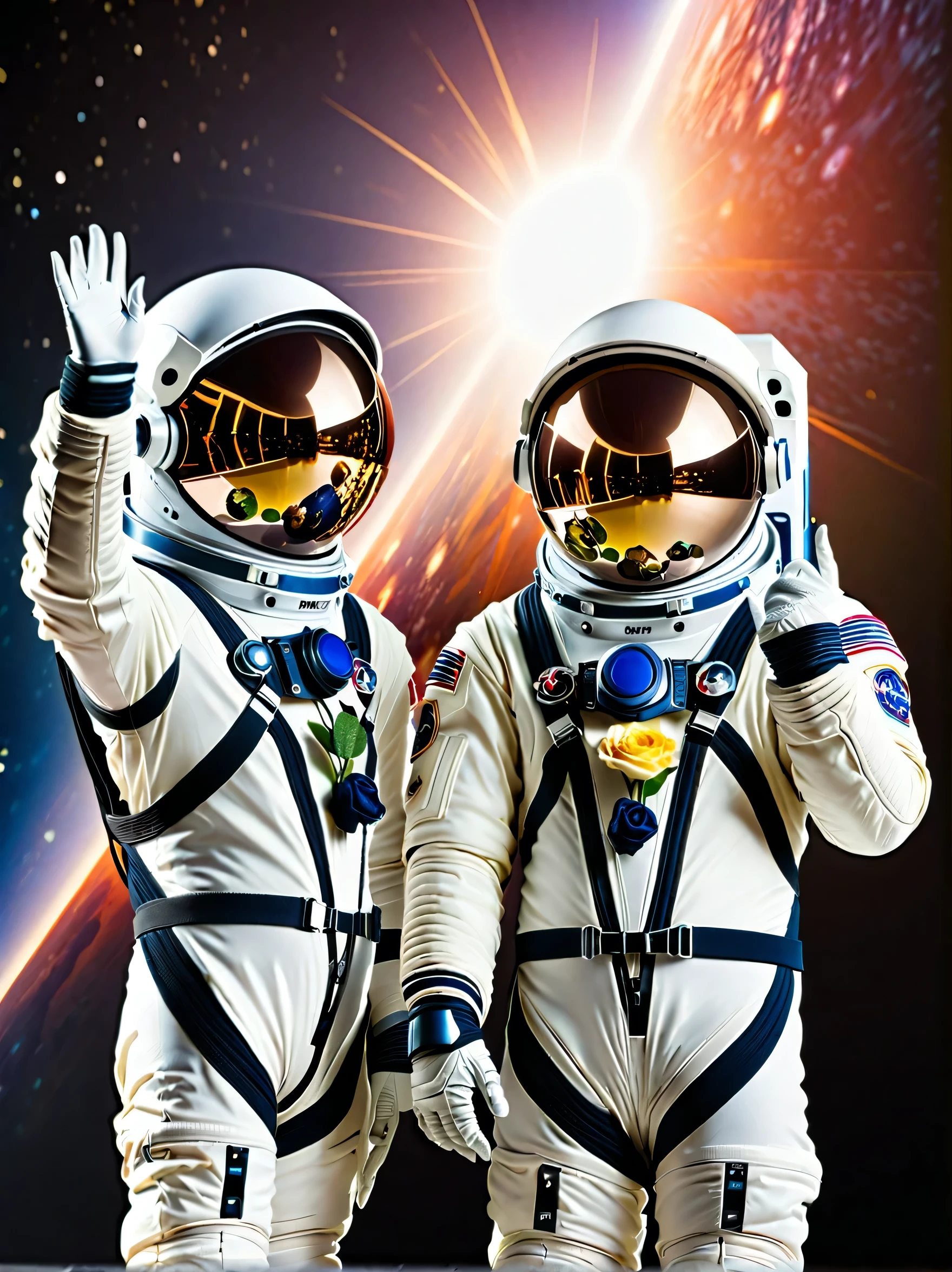 (A double photo on the stage:1.5), Close shot, close up, (photo:1.5), Two astronauts in space, Photograph, Stand side by side, (Raise the V sign), (A ray of sunlight rose behind them), Space suit details, Helmet reflective, earth in background, Cosmic stars, Galaxy Background, High-tech spacesuit, Milky Way Landscape, space photography, Studio Lighting, Physically based rendering, Sharp focus, Extremely detailed, major, Bright colors, Bright light source, (Best quality, 8k, high resolution, masterpiece:1.2), Super detailed, (1.4 times more realism)
