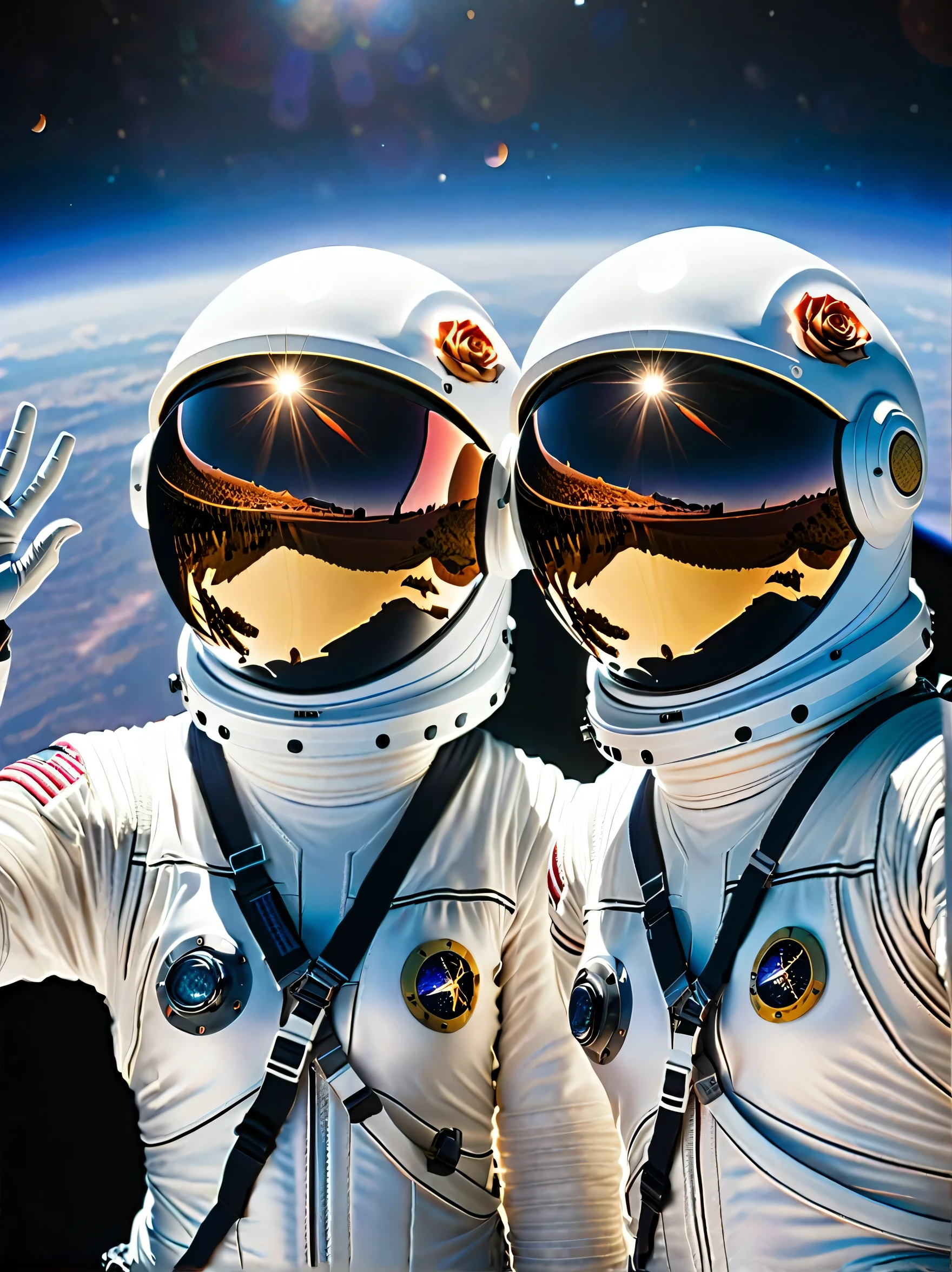 (A double photo on the stage:1.5), Close shot, close up, (photo:1.5), Two astronauts in space, Photograph, Stand side by side, (Raise the V sign), (A ray of sunlight rose behind them), Space suit details, Helmet reflective, earth in background, Cosmic stars, Galaxy Background, High-tech spacesuit, Milky Way Landscape, space photography, Studio Lighting, Physically based rendering, Sharp focus, Extremely detailed, major, Bright colors, Bright light source, (Best quality, 8k, high resolution, masterpiece:1.2), Super detailed, (1.4 times more realism)