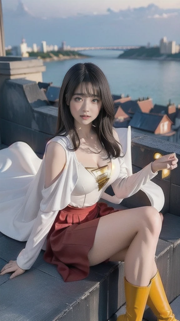 masterpiece, best quality,  mary marvel, white cape, red dress, red skirt, long sleeves, bracer, large breasts, looking at viewer, cityscape, rooftop, cleavage、 (between breasts), yellow boots, sitting