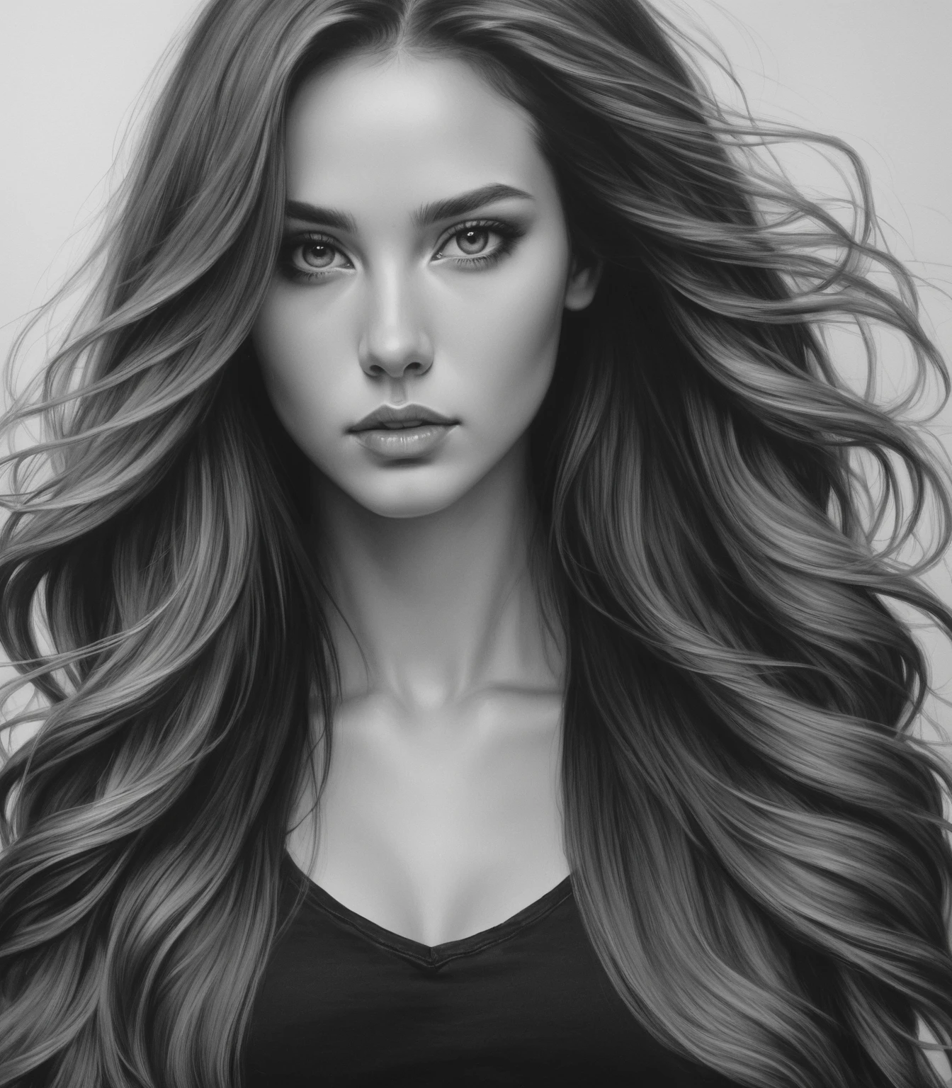 a black and white photo of a woman with long hair, black and white artwork, charcoal art, beautiful artwork, black and white drawing, by Grzegorzki, stunning artwork, gorgeous face portrait, expressive beautiful portrait, pencil painting, by Shen Zhou, beautiful and realistic faces, black and white graphite drawing, artistic drawing.