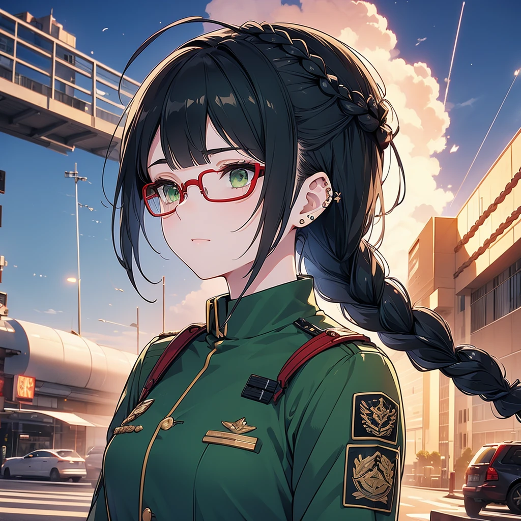 movie poster,((braided hairstyle : 1.5)),Anime Reference 86 ,SF, Science Fiction,movie,War Action movie,Between null,atmosphere,null,Battleship, multiple characters,woman,adult,green eyes, Black Hair ,(Pierced Bangs Hairstyle) : 1.8 ),(Red glasses),General Uniform, white commander uniform holding a knapsack,Realistic facial details,Realism,3d face,chest、uniform、Green clothes