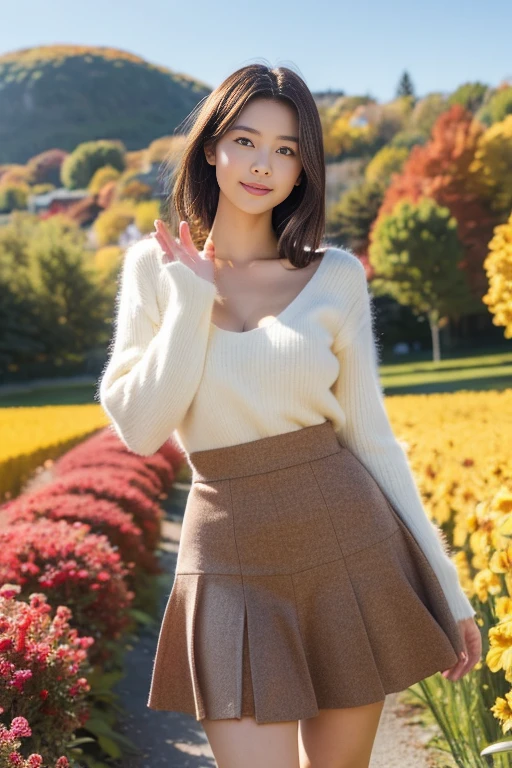 (masutepiece), (Best Quality), Realistic, Photorealism, 1girl, Beautiful woman, Perfect face, Perfect body、(Fashionable autumn clothes) , (light smile:0.3 ), medium breast, give someone a little wave, Early morning sunlight, Her skirt flutters in the strong north wind, Vast autumn flower fields, realistic skin textures、high-level image quality、hight resolution、realistic、