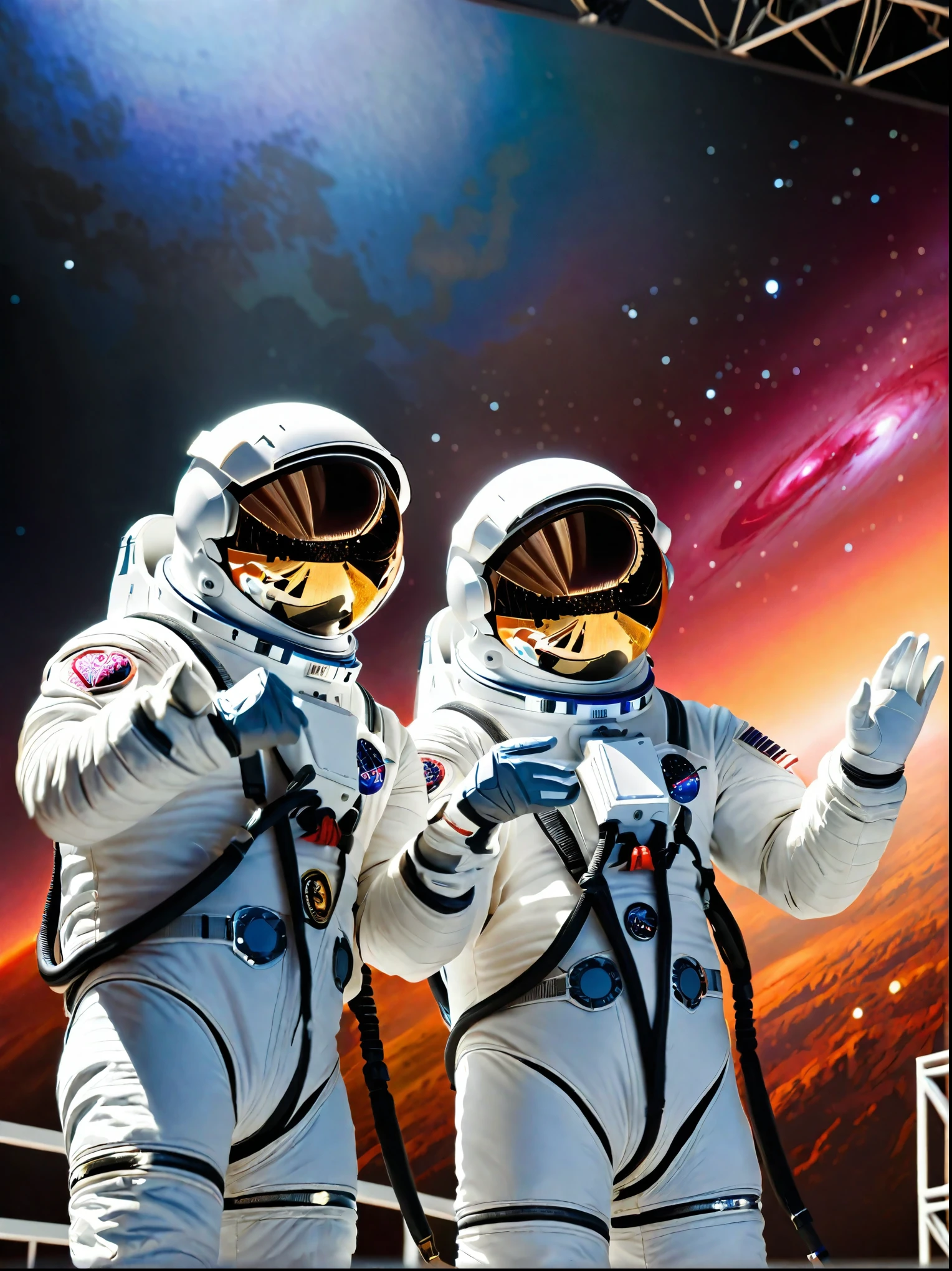 (A double photo on the stage:1.5), Close shot, close up, (photo:1.5), Two astronauts in space, Photograph, Stand side by side, (Raise the V sign), (A ray of sunlight rose behind them), Space suit details, Helmet reflective, earth in background, Cosmic stars, Galaxy Background, High-tech spacesuit, Milky Way Landscape, space photography, Studio Lighting, Physically based rendering, Sharp focus, Extremely detailed, major, Bright colors, Bright light source, (Best quality, 8k, high resolution, masterpiece:1.2), Super detailed, (1.4 times more realism)