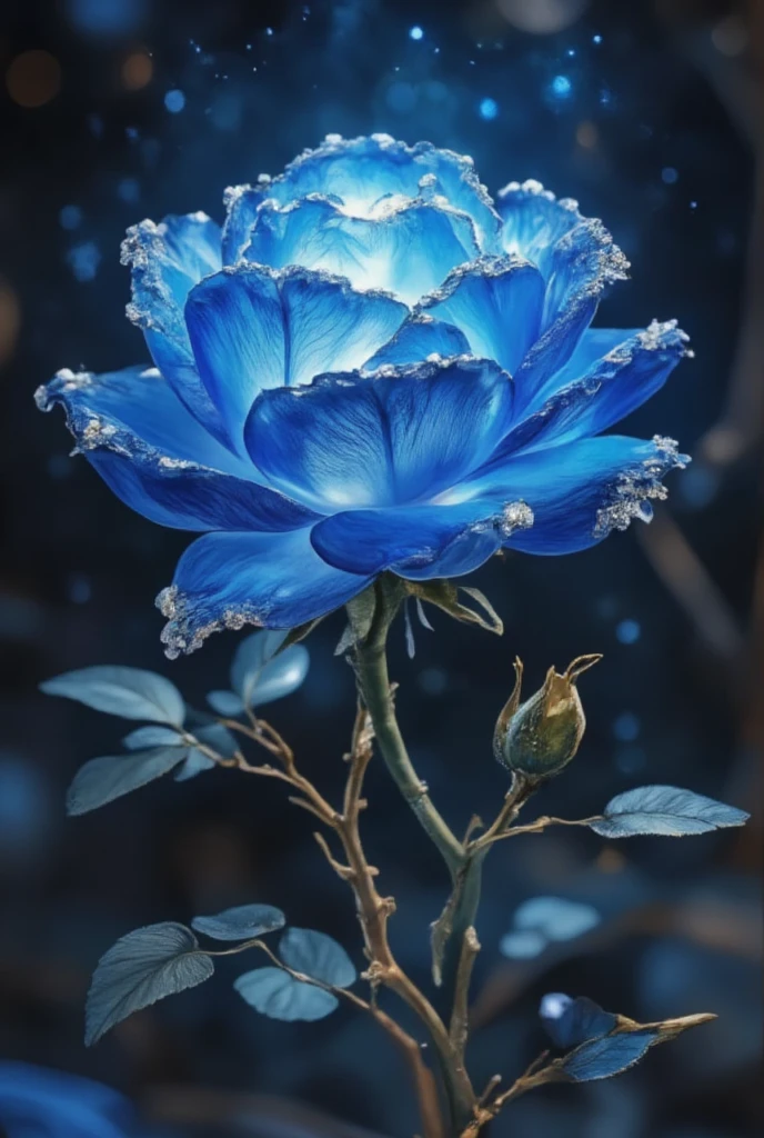 Blue Rose shining in the dark，cinematic angle,