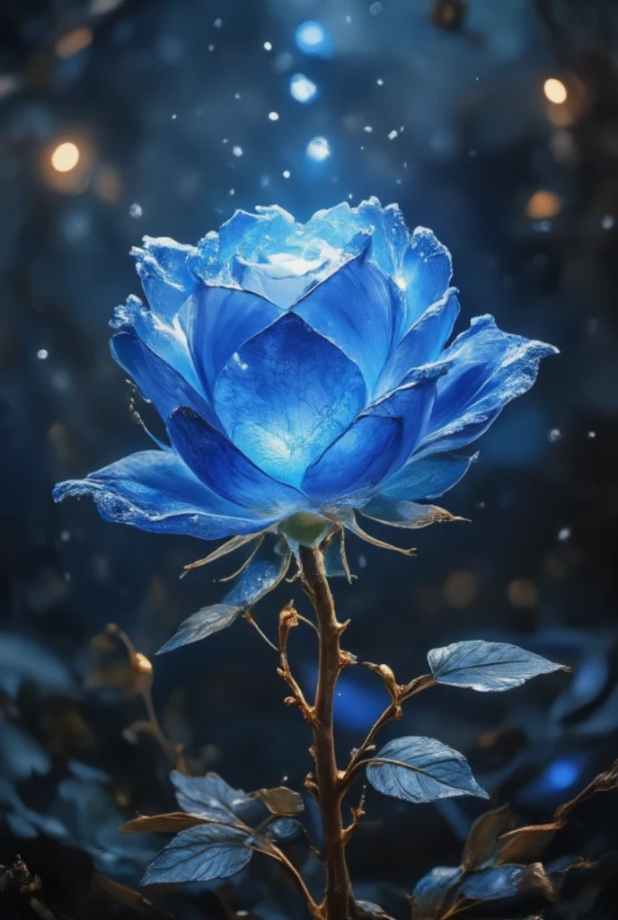 Blue Rose shining in the dark，cinematic angle,