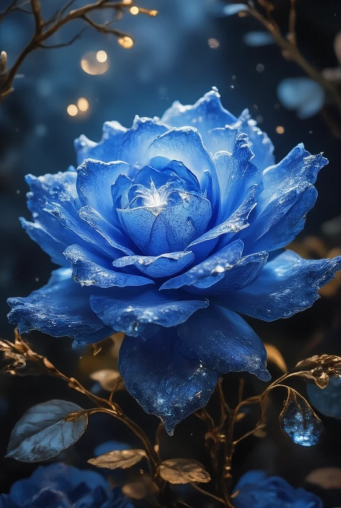 Blue Rose shining in the dark，cinematic angle,