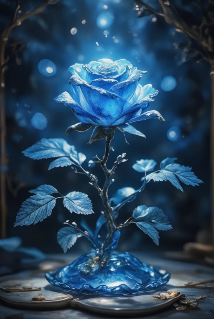 Blue Rose shining in the dark，cinematic angle,