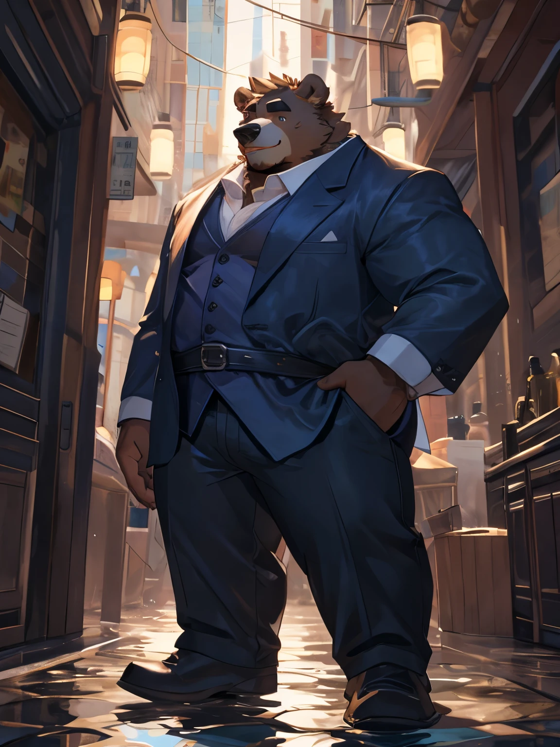 brown-white bear , blue wide eyebrows , water element ,178cm, weight of more than 280 kg ,hairy, looks wild , six-foot pants ,thick legs, waist and hip width ,There' is not much meat on the face ., fat bear size , deep blue eyes , full-fledged uncle , belly level , belly as wide as chest ,strong eyes, The whole body looks very strong ,And meaty , very wide body , The ratio of width to height is eight to nine。