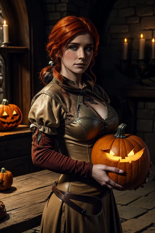 Triss Merigold wearing medieval clothes with a pumpkin in her hands with Halloween attributes against the background of a full silver moon art 3d