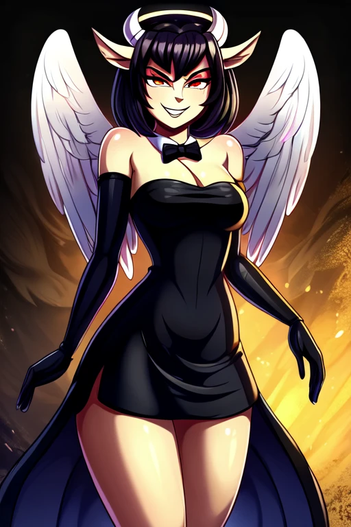 cartoon about a woman in a black dress with horns and a knife, Sona is slim, official fan art,  succubus in a short tight dress , joshi sly-style art , oc commission,  angry standing smiling pose , cool composition, succubus in a sarafan portrait, order for high resolution, Vriska won, ominous pose, commission art,dressed in a black 1920s-style dress with a white bow tie, She has a dilapidated angelic halo ,  that melted into the left side of her head ,  on the back of her dress and a pair of short realistic horns ,hands are covered with black lacquer resembling gloves