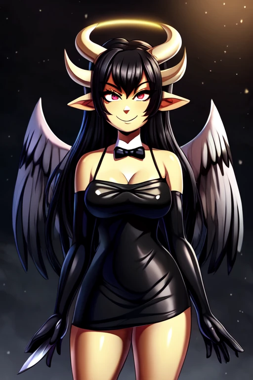 cartoon about a woman in a black dress with horns and a knife, Sona is slim, official fan art,  succubus in a short tight dress , joshi sly-style art , oc commission,  angry standing smiling pose , cool composition, succubus in a sarafan portrait, order for high resolution, Vriska won, ominous pose, commission art,dressed in a black 1920s-style dress with a white bow tie, She has a dilapidated angelic halo ,  that melted into the left side of her head ,  on the back of her dress and a pair of short realistic horns ,hands are covered with black lacquer resembling gloves, sex