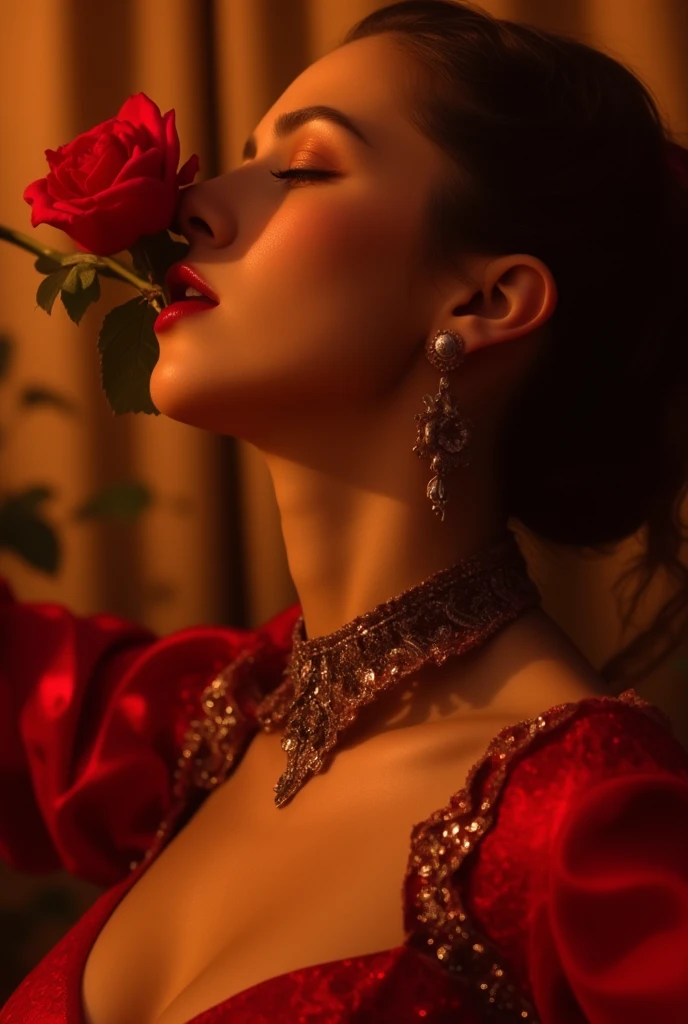 Female flamenco dancer performing a passionate dance with a red rose without thorns in her mouth 、情熱的なダンスを披露する女性フラメンコダンサーの姿