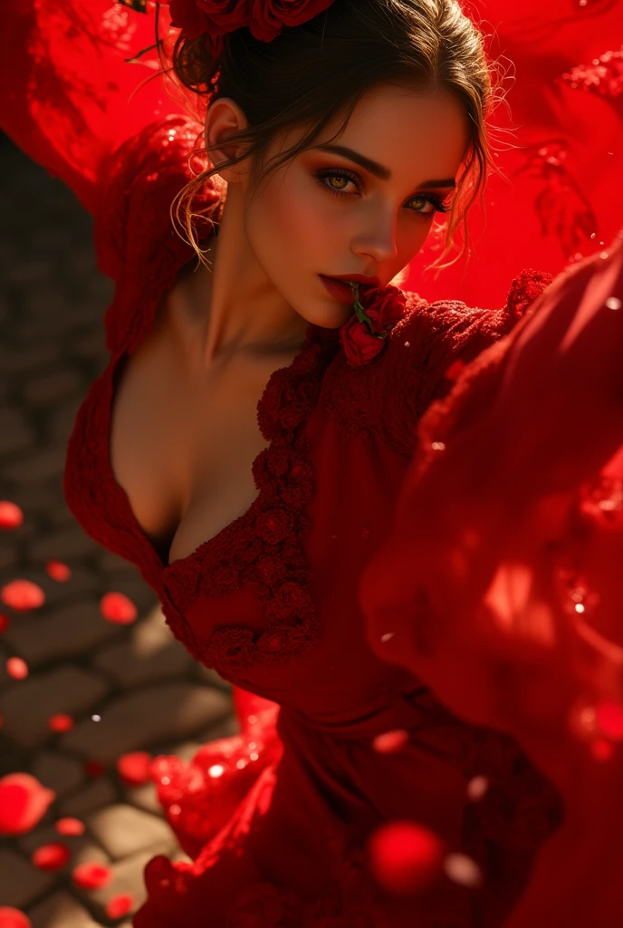 a beautiful flamenco dancer with a thornless red rose in her mouth, passionately dancing, detailed face and eyes, detailed dress, dramatic lighting, vibrant colors, cinematic composition, (best quality,4k,8k,highres,masterpiece:1.2),ultra-detailed,(realistic,photorealistic,photo-realistic:1.37),professional studio lighting,vivid colors,chiaroscuro lighting,dramatic shadows,dynamic pose,flowing dress,intense expression,rose petals,dramatic red color palette,spanish architecture,cobblestone street