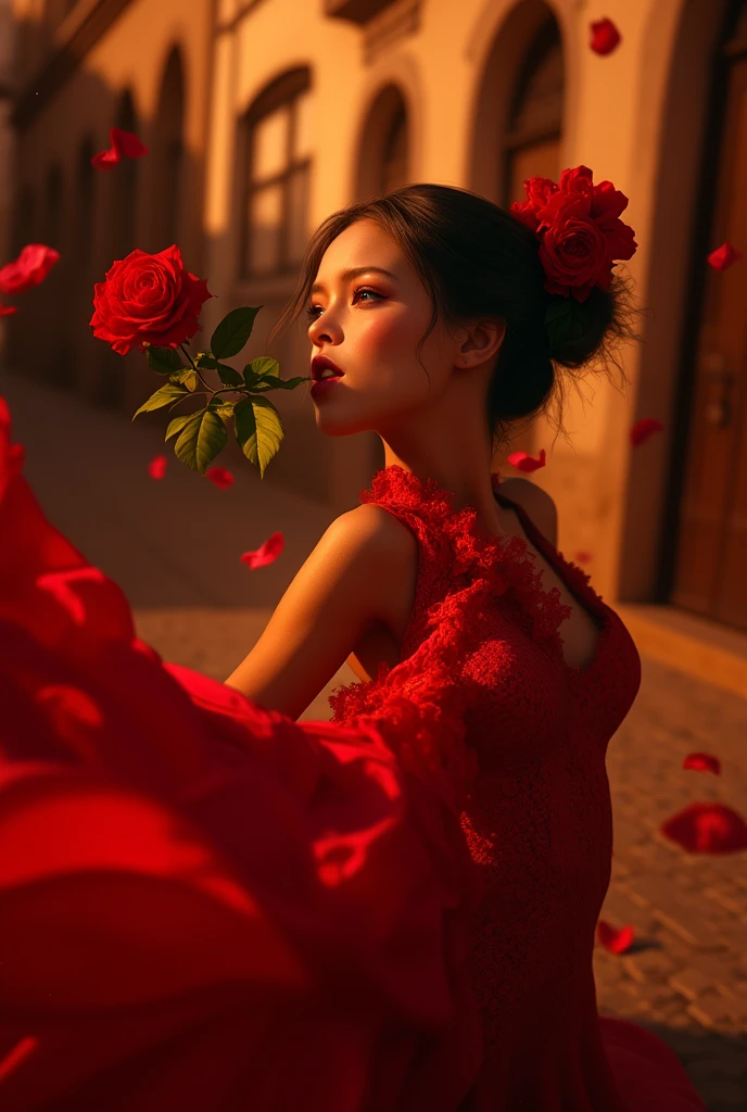 a beautiful flamenco dancer with a thornless red rose in her mouth, passionately dancing, detailed face and eyes, detailed dress, dramatic lighting, vibrant colors, cinematic composition, (best quality,4k,8k,highres,masterpiece:1.2),ultra-detailed,(realistic,photorealistic,photo-realistic:1.37),professional studio lighting,vivid colors,chiaroscuro lighting,dramatic shadows,dynamic pose,flowing dress,intense expression,rose petals,dramatic red color palette,spanish architecture,cobblestone street