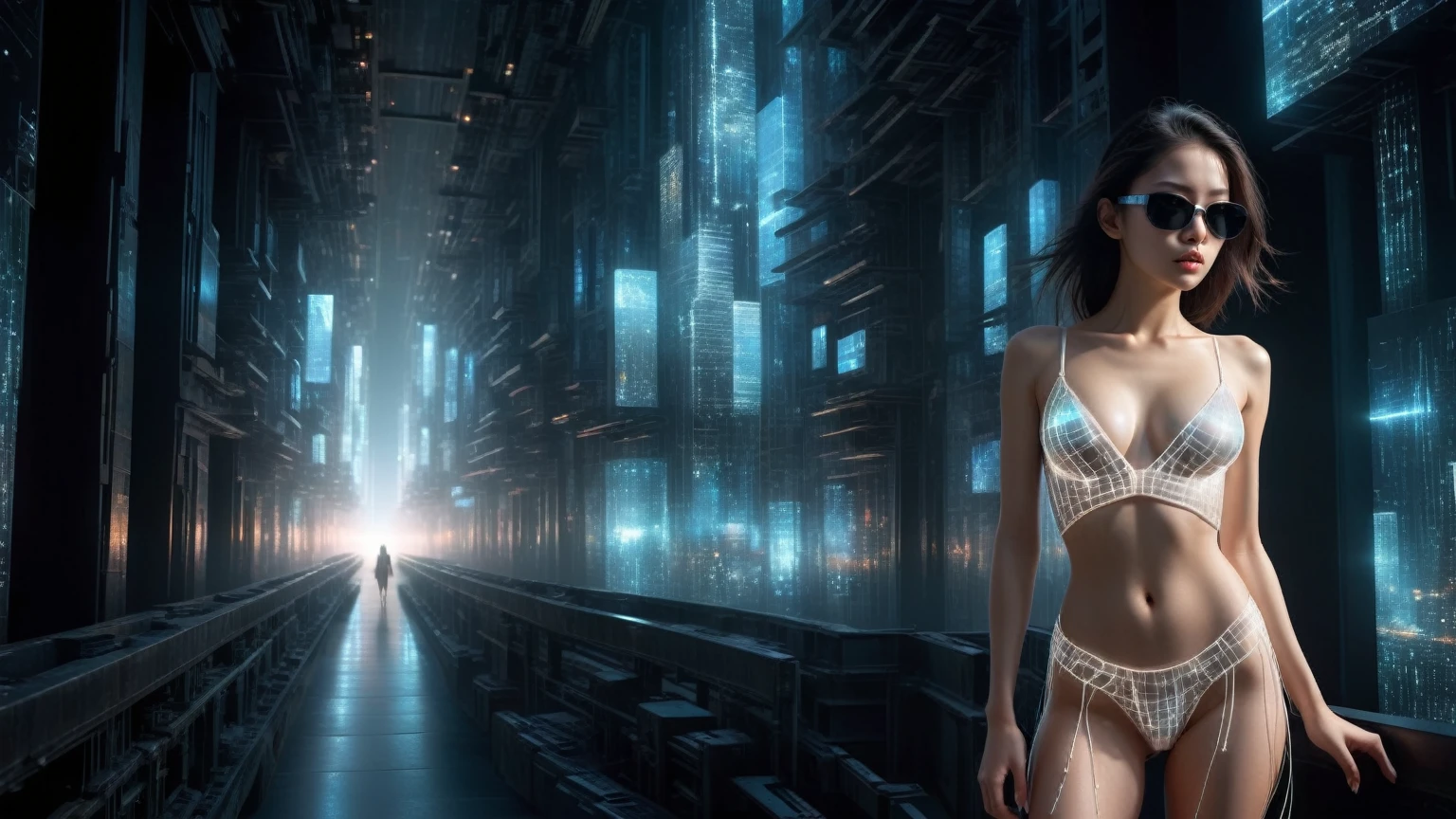 at night, ((a large-breast:1.2 lingerie slim:0.6 GIRL with black micro sunglasses)), ((holding a pistol)), aerial view of an ultra-futuristic megalopolis, tall metal buildings and houses in dark colors from dark blue to black, shades of metal gray, smoky metal structures, industrial environment with fog around, dark cars on the streets, desert megalopolis, modern metal rails and trains passing through, ((futuristic space station)), realistic, detailed, sci-fi.
