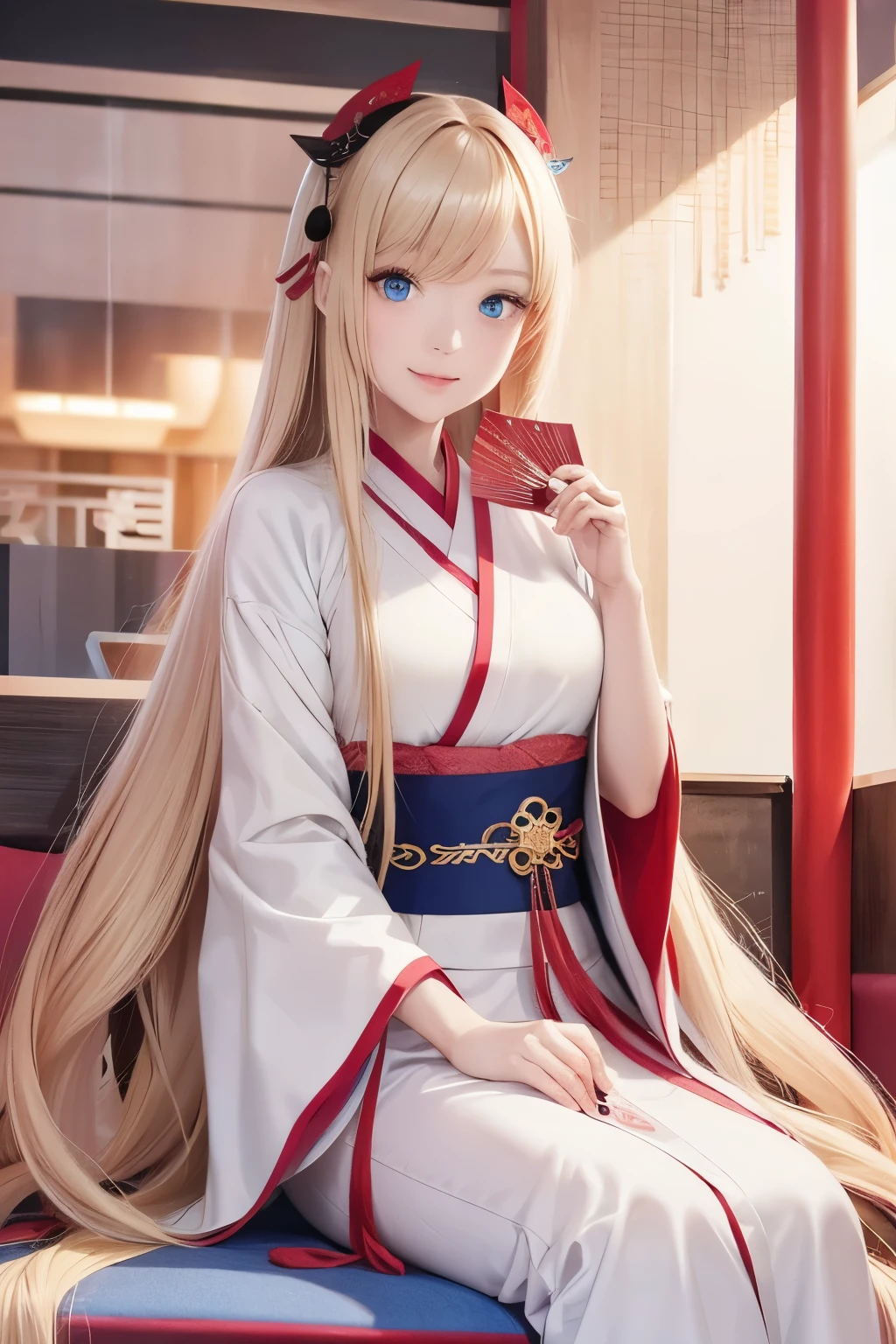  Chinese Hanfu : 1.1, Anime girl with golden hair and blue eyes holding a fan。, X-art,