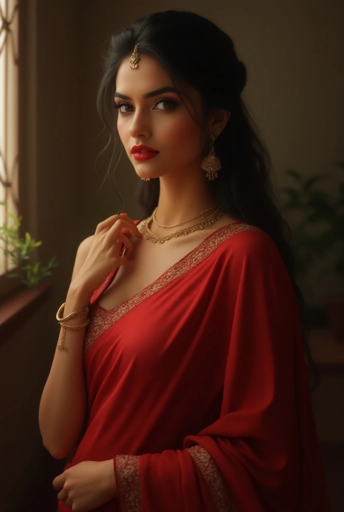 A indian married women showing her cleavage and navel in red saree and showing her red lip