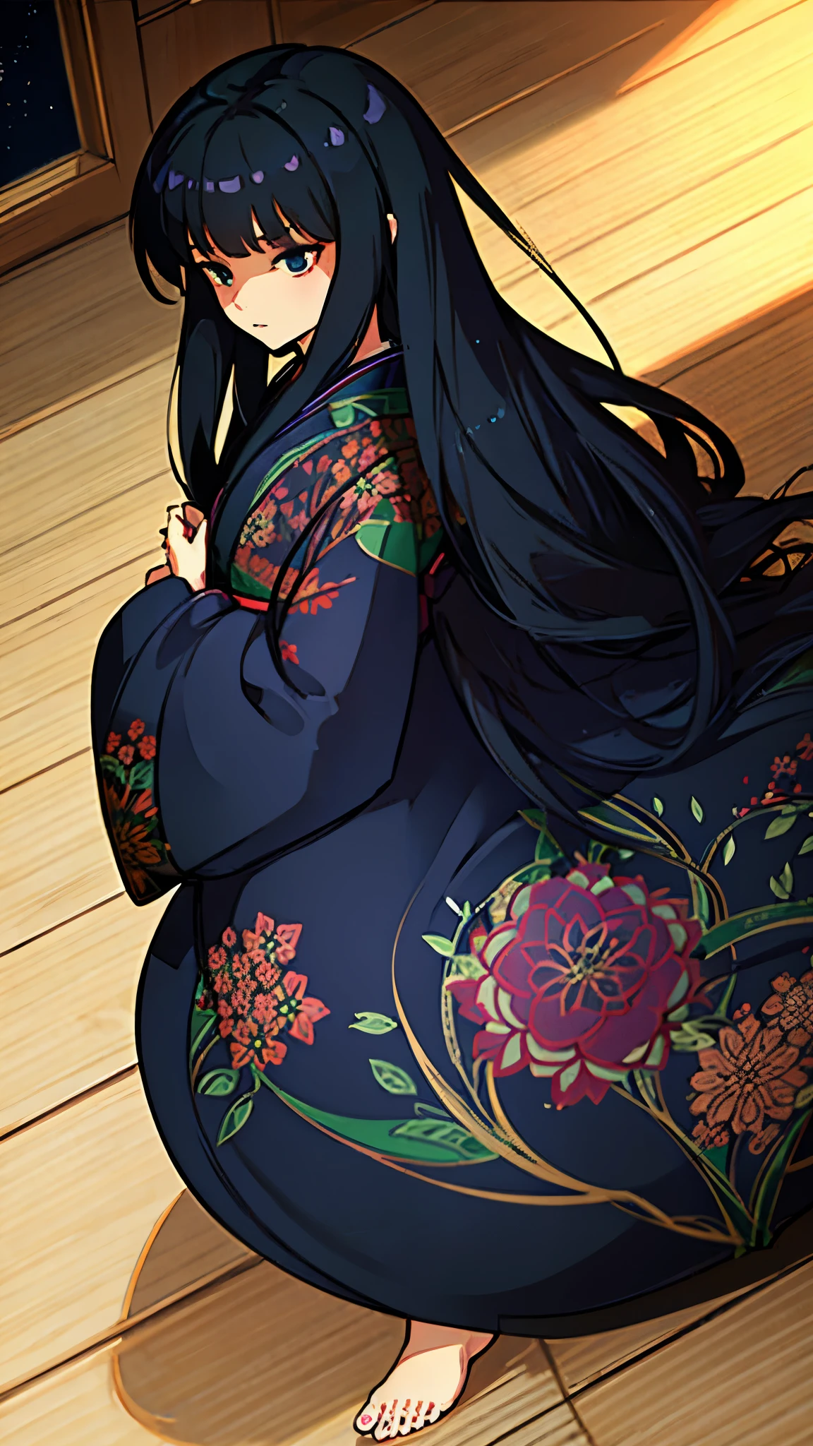 ultra high res, Best quality, tatami, night, UHD, long black hair, dark blue yukata, bare hoot, looking at the something far away with a stern expression, barefoot, anime style, line:-3.5, sharpen, 32k, high detailed, plain, masterpiece, intense gaze, dark eyelashes, slightly hanging eyes,
