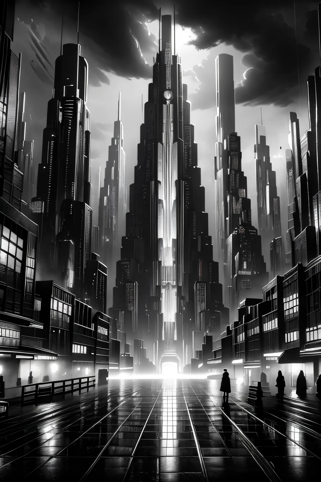 a cyberpunk city, dystopian skyscrapers, neon lights, rain-soaked streets, flying cars, android people, holographic advertisements, industrial machinery, dark alleys, futuristic technology, moody atmosphere, cinematic lighting