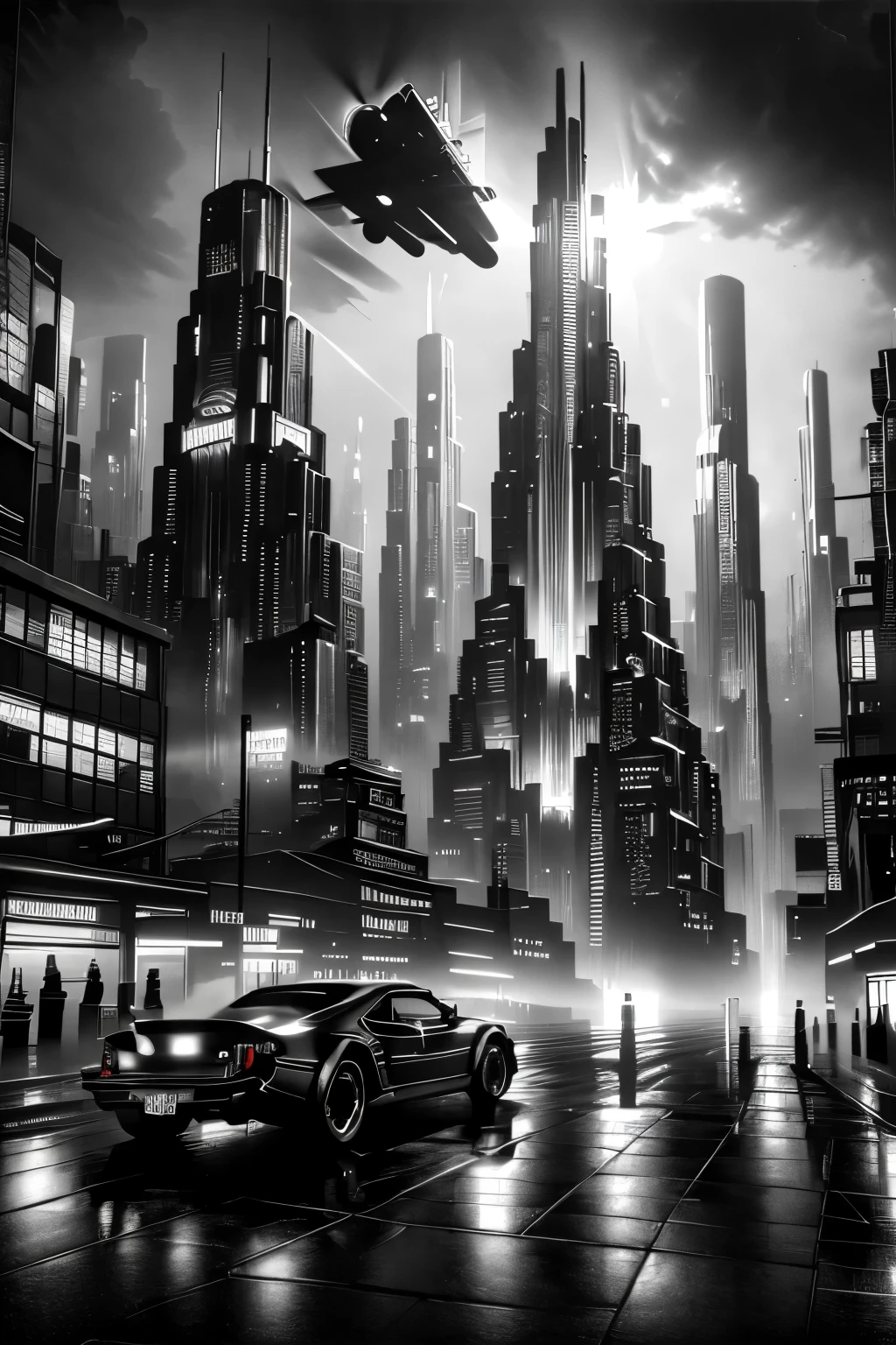 a cyberpunk city, dystopian skyscrapers, neon lights, rain-soaked streets, flying cars, android people, holographic advertisements, industrial machinery, dark alleys, futuristic technology, moody atmosphere, cinematic lighting