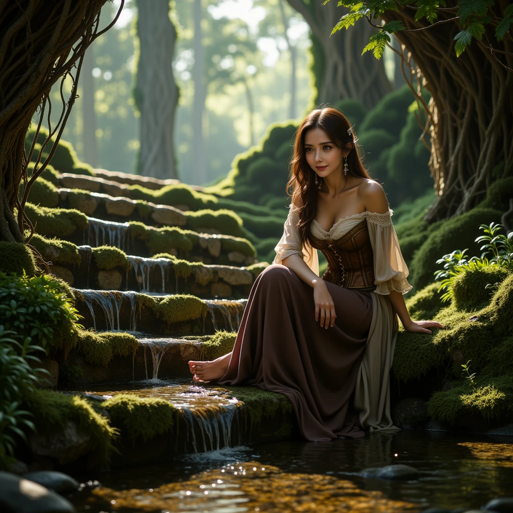 A beautifully detailed, photorealistic fantasy scene set in an ancient, mystical forest, featuring a young woman seated gracefully on a moss-covered stone staircase. She appears calm and deeply immersed in the tranquility of her surroundings, with one of her feet gently dipping into a small, crystal-clear spring at the base of the stairs. Her expression is peaceful and introspective, as if she feels a profound connection to the enchanting natural world around her.

The woman, likely in her early twenties, has long, flowing hair cascading over her shoulders, catching subtle rays of sunlight filtering through the dense forest canopy above. She is dressed in a vintage-inspired outfit—a rustic, off-the-shoulder blouse with lace details at the sleeves and an earthy-toned corset that complements her figure. Her flowing skirt drapes elegantly down, partially touching the water’s surface, blending harmoniously with the natural colors of the forest.

The staircase itself is ancient, its stones weathered and partly overtaken by lush green moss and small ferns, revealing the passage of time. Tiny streams of water trickle down the stones, creating a soft, melodic ambiance that adds to the peaceful setting. Sunlight filters through the towering trees, casting dappled light and shadow across the scene, illuminating the forest in warm, golden tones.

The spring is clear and still, reflecting the surrounding greenery. Tiny ripples form where her foot meets the water, adding a delicate sense of movement. The air is filled with the earthy scent of moss and leaves, with small particles drifting in the sunlight, giving the atmosphere a dreamlike quality.

In the background, layers of tall trees stretch high, their trunks wrapped in vines. Shadows play among the leaves, while distant bird calls echo softly, enhancing the serene, timeless feel of the scene. The entire composition captures a moment of quiet magic and connection to nature.