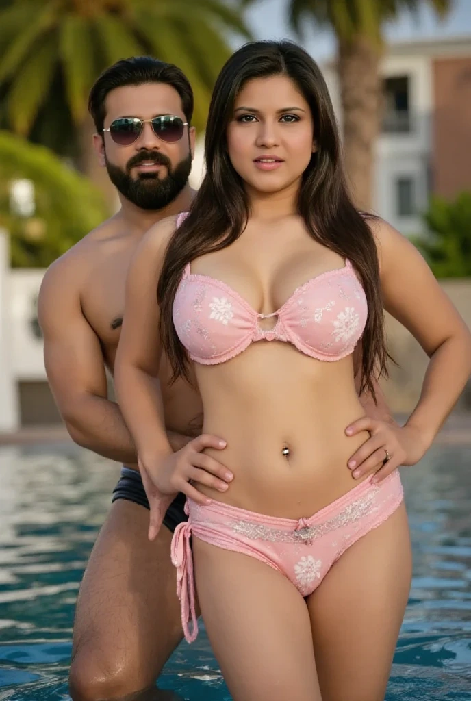 HD wallpaper 32k cinematic shoot of a Beautiful cute girl, with thick thighs and a curvy slim waist, twin braids, wearing a bikini, horny, seductively, smiling, ((lowwaist)), ((kissing by a man)), ((kiss)), ((kissing a man)), ((kiss)), ((kiss on the navel))