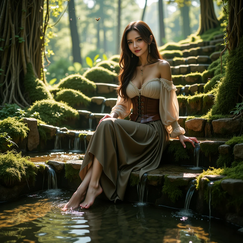 A beautifully detailed, photorealistic fantasy scene set in an ancient, mystical forest, featuring a young woman seated gracefully on a moss-covered stone staircase. She appears calm and deeply immersed in the tranquility of her surroundings, with one of her feet gently dipping into a small, crystal-clear spring at the base of the stairs. Her expression is peaceful and introspective, as if she feels a profound connection to the enchanting natural world around her.

The woman, likely in her early twenties, has long, flowing hair cascading over her shoulders, catching subtle rays of sunlight filtering through the dense forest canopy above. She is dressed in a vintage-inspired outfit—a rustic, off-the-shoulder blouse with lace details at the sleeves and an earthy-toned corset that complements her figure. Her flowing skirt drapes elegantly down, partially touching the water’s surface, blending harmoniously with the natural colors of the forest.

The staircase itself is ancient, its stones weathered and partly overtaken by lush green moss and small ferns, revealing the passage of time. Tiny streams of water trickle down the stones, creating a soft, melodic ambiance that adds to the peaceful setting. Sunlight filters through the towering trees, casting dappled light and shadow across the scene, illuminating the forest in warm, golden tones.

The spring is clear and still, reflecting the surrounding greenery. Tiny ripples form where her foot meets the water, adding a delicate sense of movement. The air is filled with the earthy scent of moss and leaves, with small particles drifting in the sunlight, giving the atmosphere a dreamlike quality.

In the background, layers of tall trees stretch high, their trunks wrapped in vines. Shadows play among the leaves, while distant bird calls echo softly, enhancing the serene, timeless feel of the scene. The entire composition captures a moment of quiet magic and connection to nature.