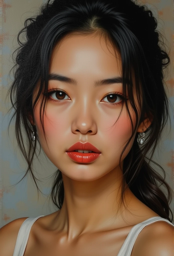 oil painting portrait,malcolm liepke style,detailed brushwork,emotionally charged,energetic,beautiful model,sensual,expressive brushstrokes,muddy color, asian girl,oil on canvas,realistic skin tones,subtle lighting,facial expression,true depiction of emotions,artistic interpretation,subject's inner world,brushwork reflecting emotions,wong-chan-flux