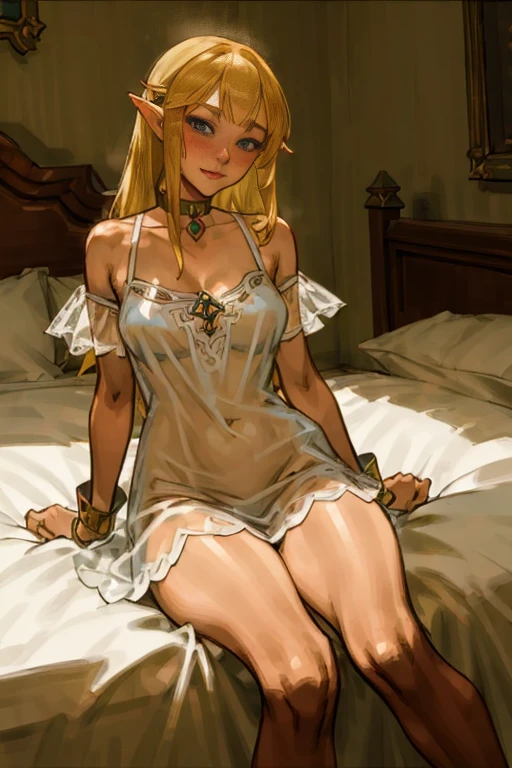 masterpiece, best_quality, (woman:1.8), (adult:1.67), solo, princess zelda, the legend of zelda, sksw, silk, white dress, large luxury bedroom, nightgown, short dress, collar, choker, collar,(bare shoulders), blushing, (straight back), ( cuffs), (legs together),(smiling:0.4),(blushing:0.7), (facing viewer), (looking at viewer), thin, translucent, see-through, stockings,  sitting on edge of bed, (large breasts), (from below:0.5), (shy:0.3)