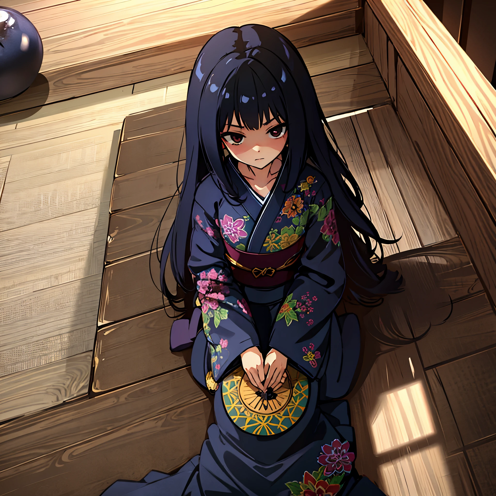 ultra high res, Best quality, japanese room, tatami, night, UHD, long black hair, dark blue yukata, looking at the something far away with a stern expression, barefoot, anime style, line1:0.1, sharpen, 32k, high detailed, plain, masterpiece, intense gaze, dark eyelashes, slightly hanging eyes,