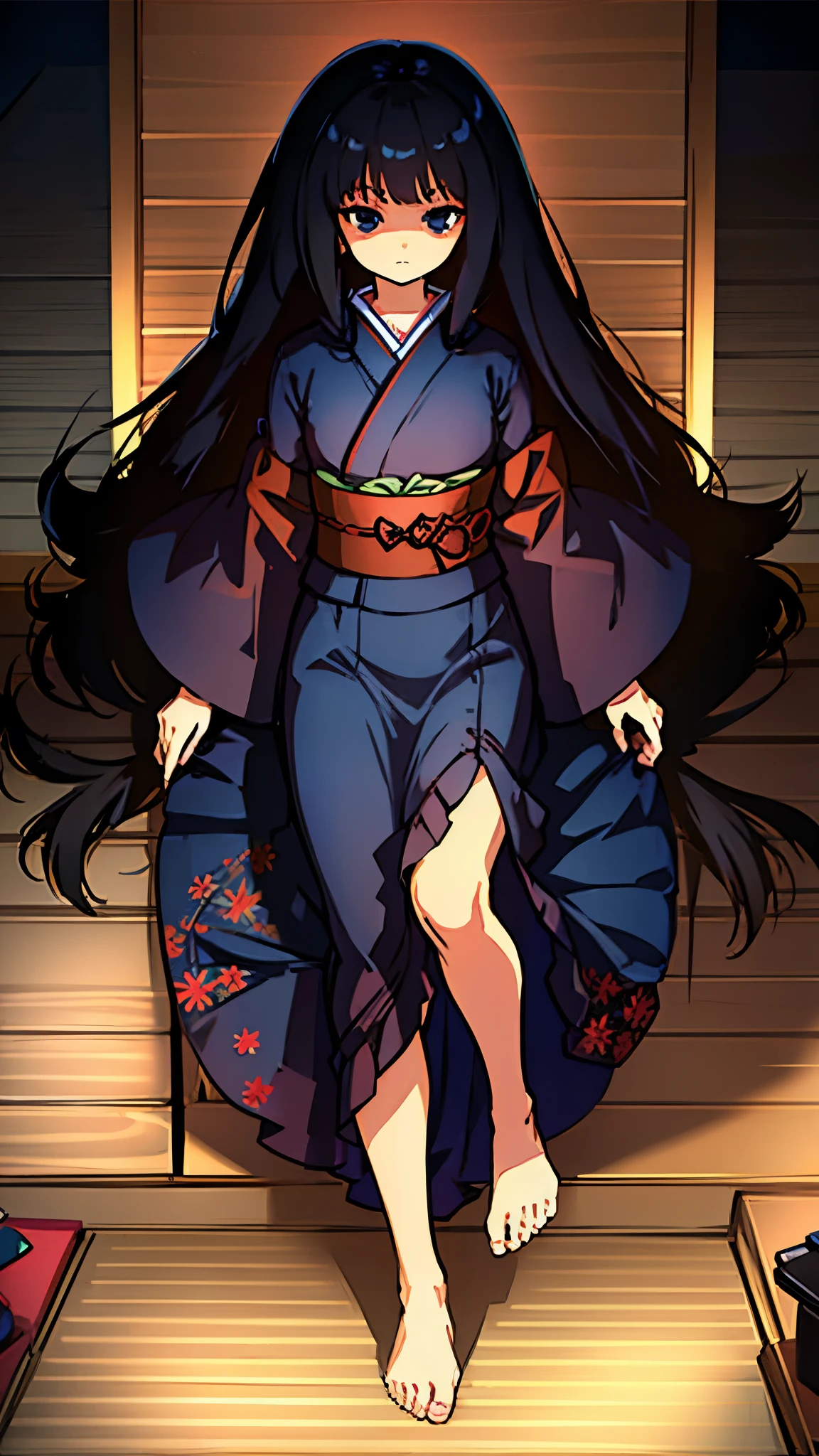 ultra high res, Best quality, japanese room, tatami, night, UHD, adult body, long black hair, dark blue yukata, looking at the something far away with a stern expression, bare foot, anime style, line1:0.1, sharpen, 32k, high detailed, plain, masterpiece, intense gaze, dark eyelashes, slightly hanging eyes,