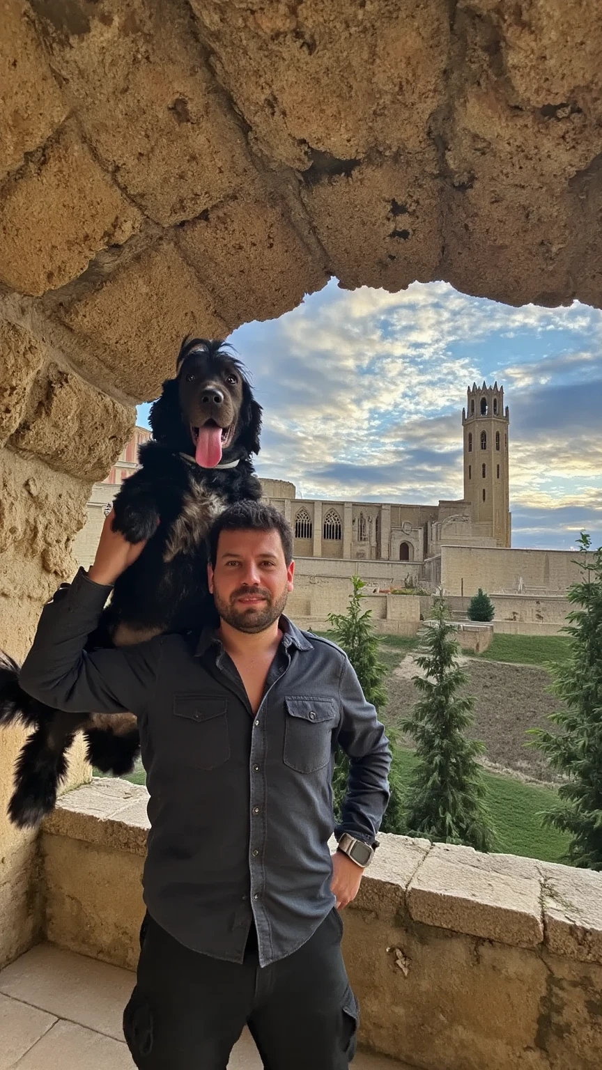 A dramatic, ultra-realistic scene with the Seu Vella cathedral on a mountain. In the foreground, a large rock formation reminiscent of Pride Rock from The Lion King supports a man holding a dog aloft, mimicking Rafiki and Simba’s iconic pose. The man’s face and the dog’s face are captured with exquisite detail and definition—every line, texture, and expression is vividly clear, showcasing the man's pride and the dog's curious gaze. The surrounding landscape is rugged, with detailed rock textures, sparse vegetation, and the majestic cathedral in the background. The cinematic lighting adds depth, with warm highlights and shadows, creating an epic and lifelike atmosphere